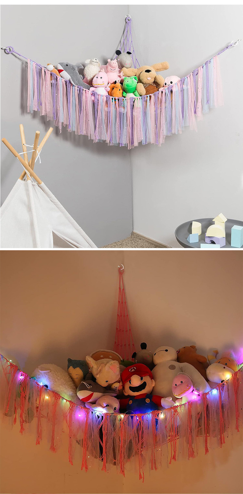 Hand-Woven Colorful Cotton Rope Triangle Wall Mountable Toy Mesh Pocket Space Saving Kids Toy Storage