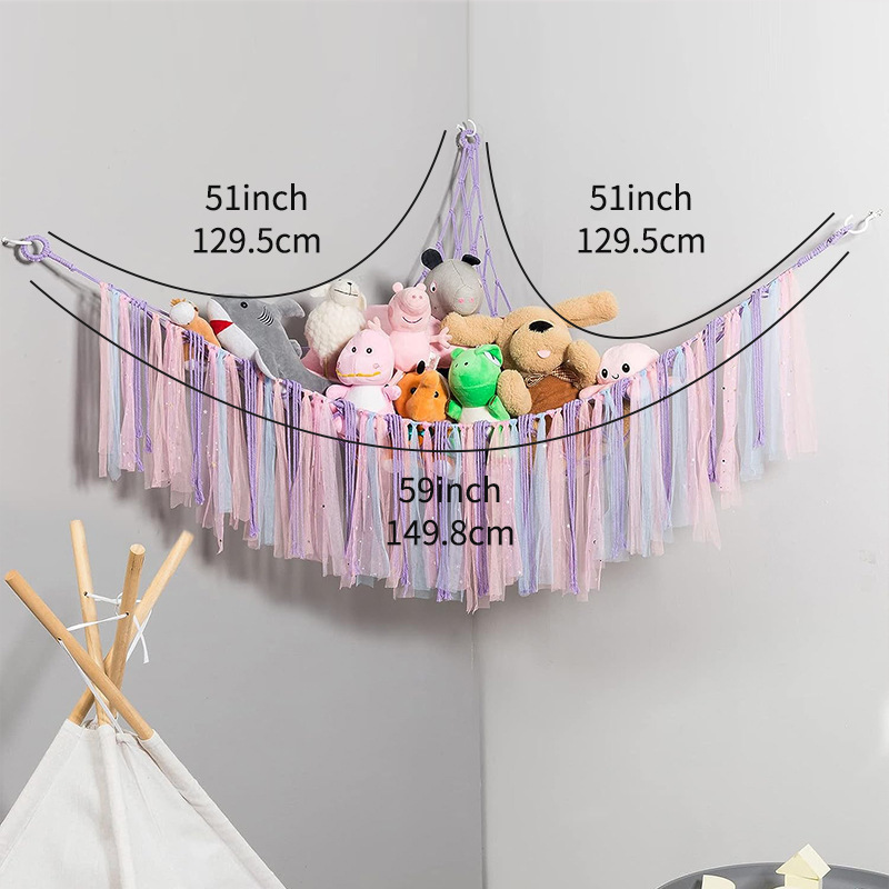 Hand-Woven Colorful Cotton Rope Triangle Wall Mountable Toy Mesh Pocket Space Saving Kids Toy Storage