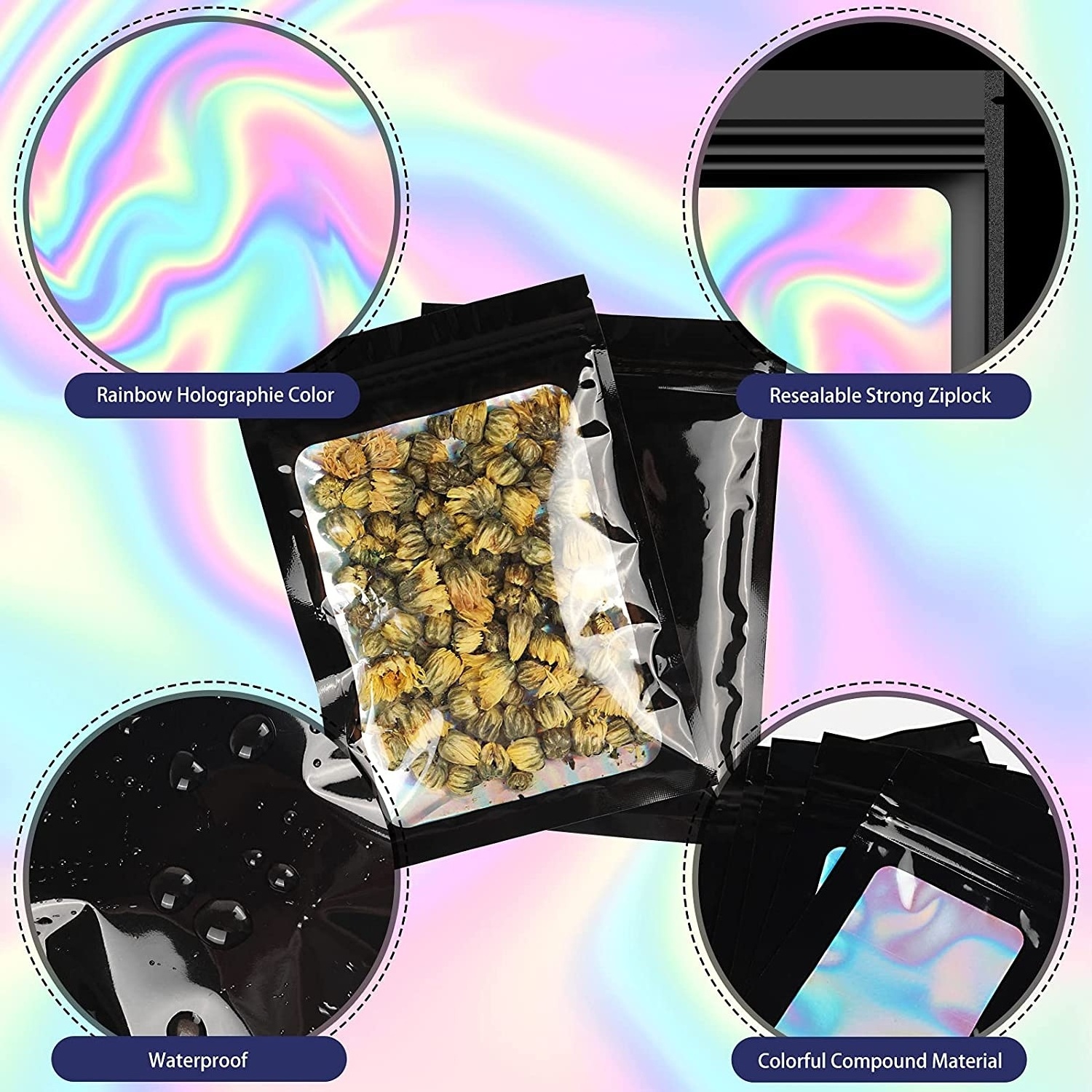 Non Matte Black ziplock plastic packaging  Food Storage Sealing 4x6 Resealable Mylar Ziplock Holographic Mylar Bag