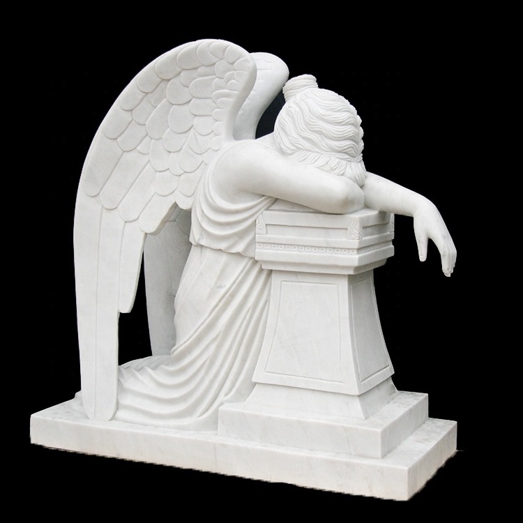 JK White Marble Tombstone Weeping Angel Statue Cemetery Monuments Headstone