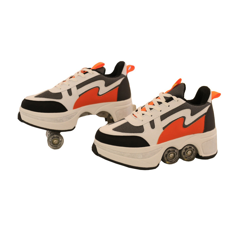 LS Quad Wheels Deformation Retractable Rollers Double-row Kids 4 PU Wheel Skates Youth Deformed Kick Out Roller Skate Shoes