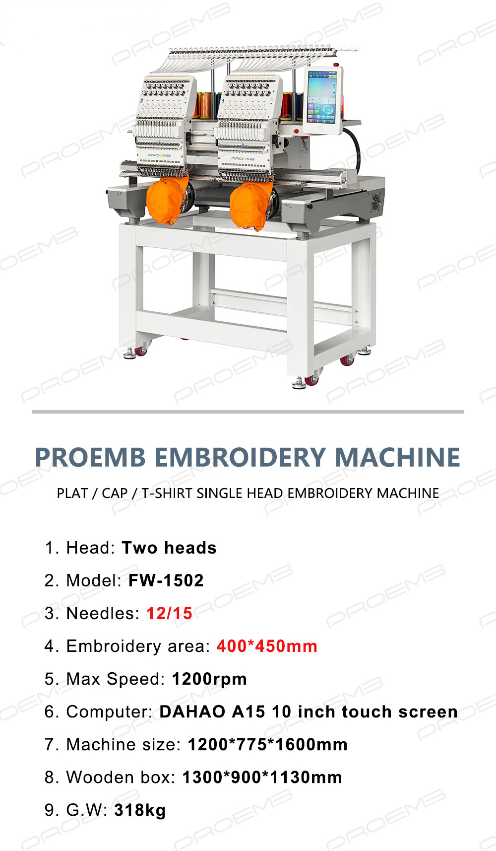 PROEMB professional Embroidery Machine 1200rpm 12 needle sewing Cap embroidery machine Computerized 2 head embroidery machine