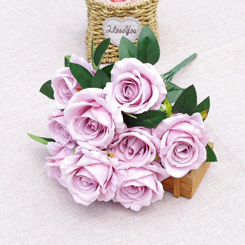 Artificial Flowers Rose Bouquet Fake rose Flowers Silk Plastic Artificial White Roses 9 Heads Bouquet