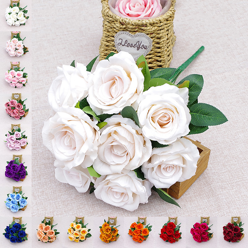 Artificial Flowers Rose Bouquet Fake rose Flowers Silk Plastic Artificial White Roses 9 Heads Bouquet