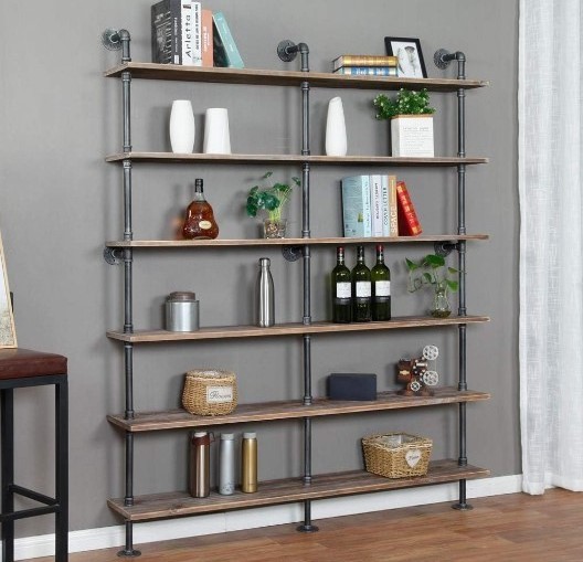 Industrial 6-Tiers Modern Ladder Solid Wood Storage Shelf Bookcase Wall Mounted Pipe Wood Shelves Bookshelf Vintage Wrought Iron