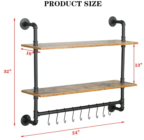 Industrial Iron Pipe Shelving with Towel bar, Rustic Metal Pipe Floating Shelves Wall Mounted with Hooks for  Kitchen