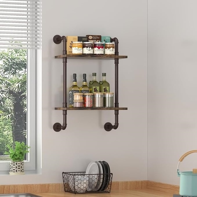 Industrial Pipe Floating Bathroom Shelves  Rustic Wood Wall Mounted Shelf Storage Rack Sundries Holder for Kitchen Office