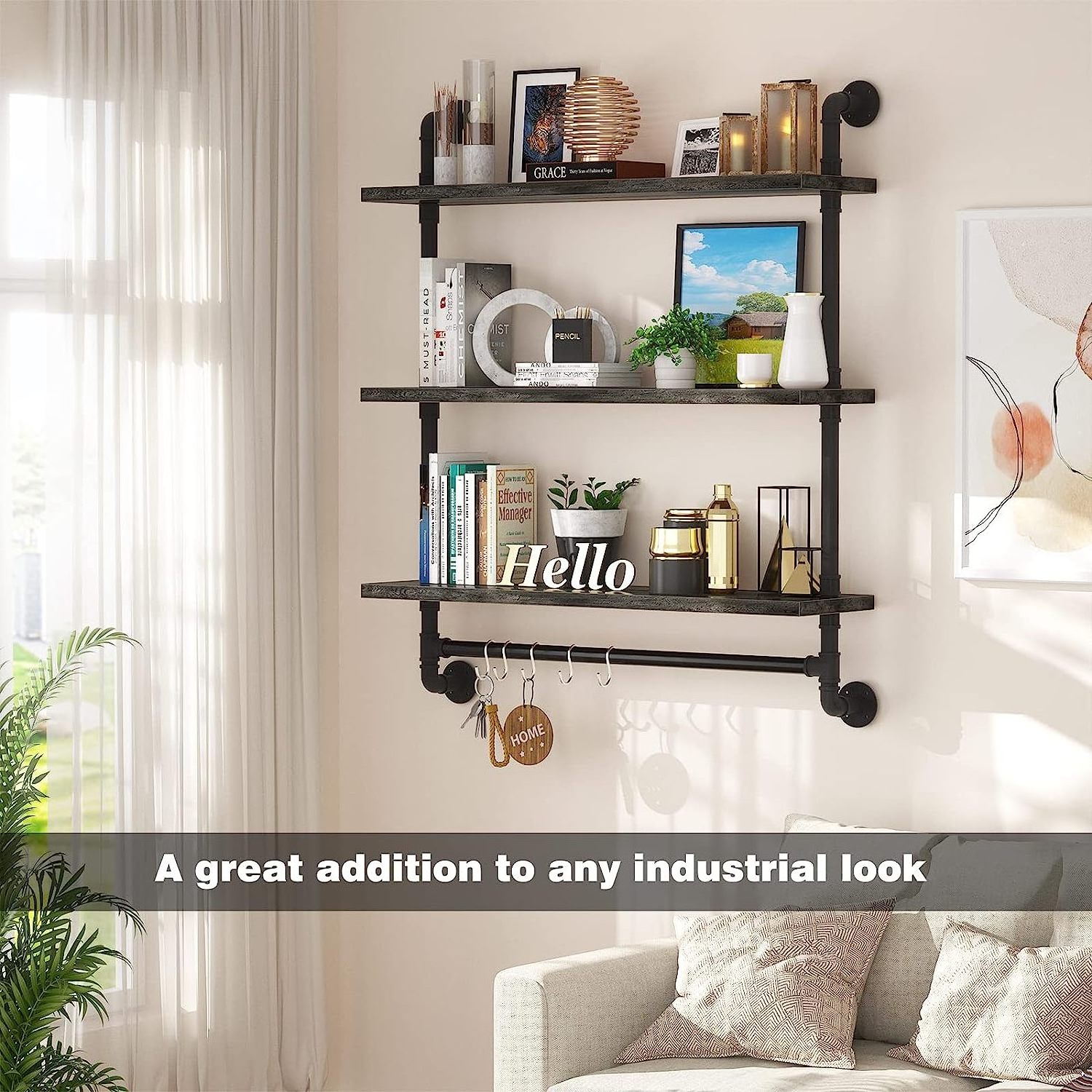 3 Tier Industrial Pipe Shelving Iron Pipe Shelves with Towel Bar Wood Bathroom Shelves with Hooks for Bedroom  Living Room