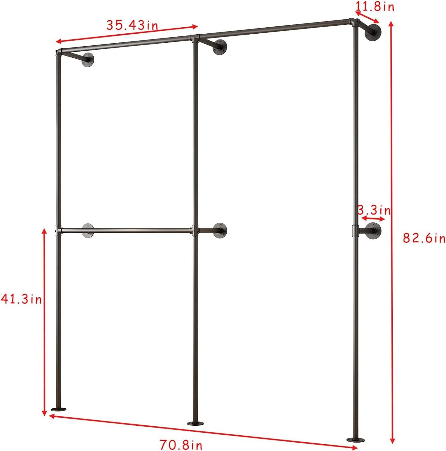 Industrial Pipe Clothing Racks with Double Bar Wall Mounted Closet Rods for Hanging Clothes Organizer Storage