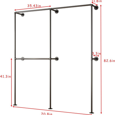 Industrial Pipe Clothing Racks with Double Bar Wall Mounted Closet Rods for Hanging Clothes Organizer Storage