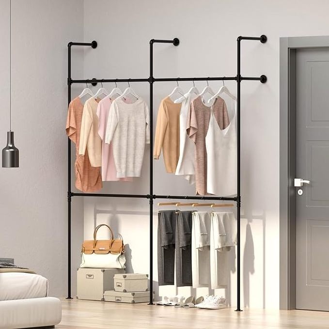 Industrial Pipe Clothing Rack Height Adjustable Garment Rack for Hanging Clothes,Heavy Duty Iron Clothes Rack with Double Rods