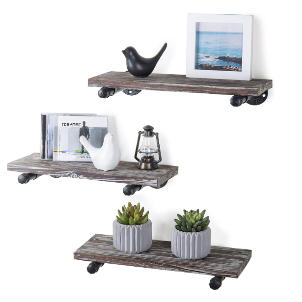 Wood Floating Shelves Wood Wall Shelf for Bedroom with Industrial Metal Pipe Brackets Set of 3