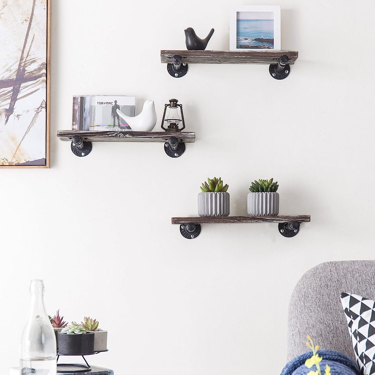 Wood Floating Shelves Wood Wall Shelf for Bedroom with Industrial Metal Pipe Brackets Set of 3