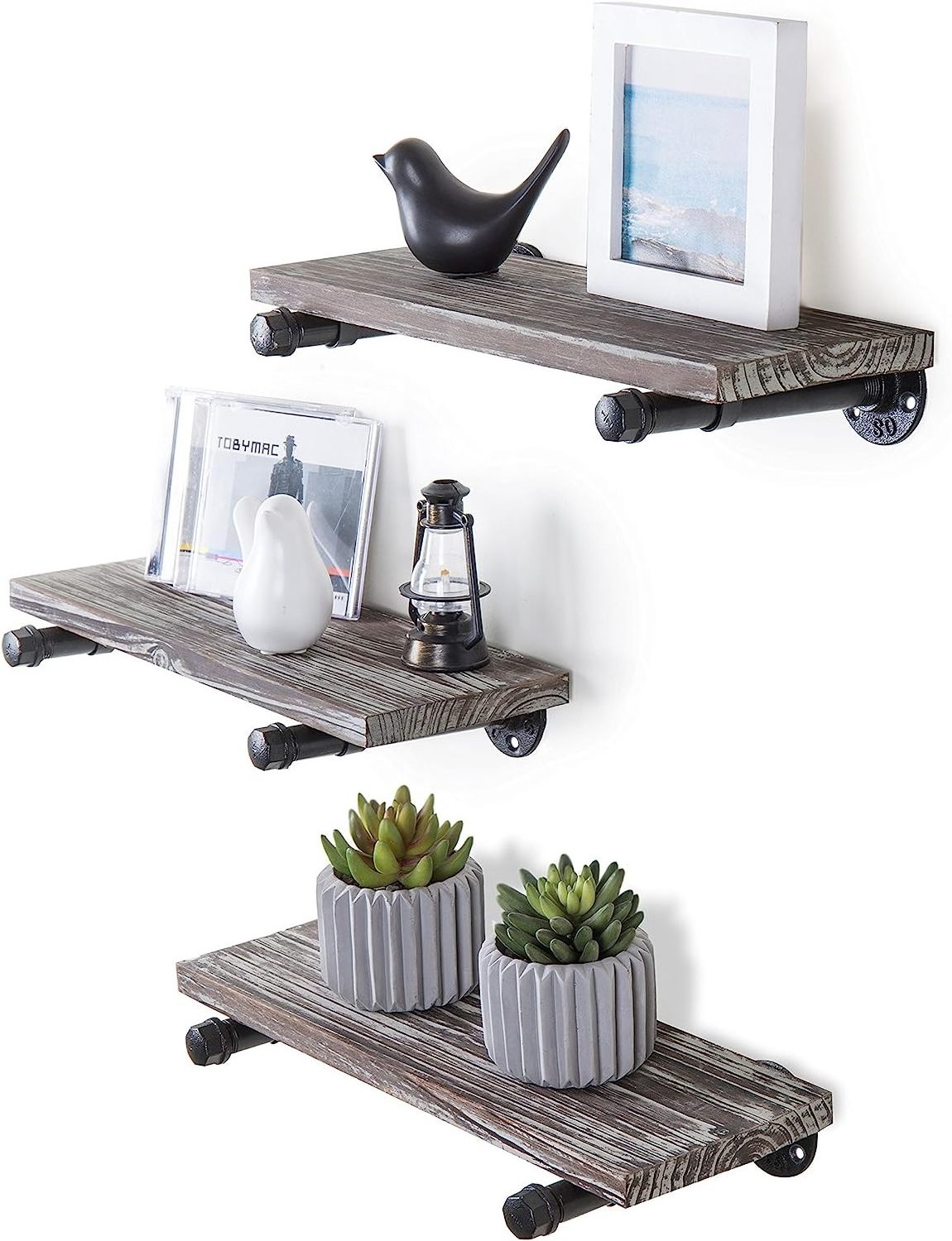 Wood Floating Shelves Wood Wall Shelf for Bedroom with Industrial Metal Pipe Brackets Set of 3