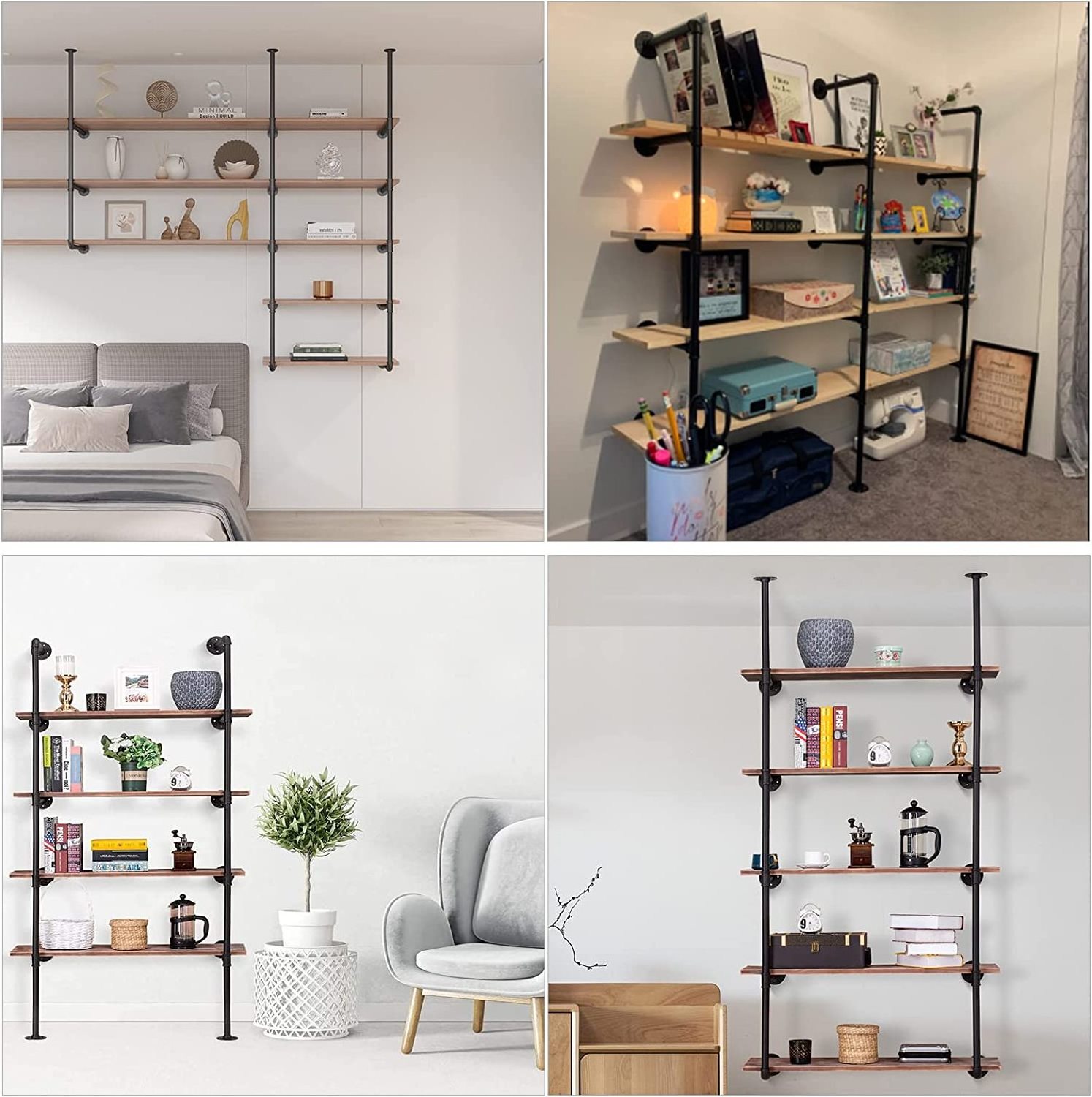 Industrial Iron Pipe Shelf Wall Mount Farmhouse DIY Open Bookshelf for Kitchen Bathroom bookcases Living Room Storage