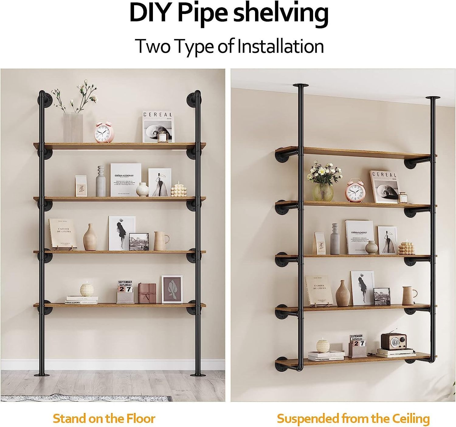 Industrial Iron Pipe Shelf Wall Mount Farmhouse DIY Open Bookshelf for Kitchen Bathroom bookcases Living Room Storage