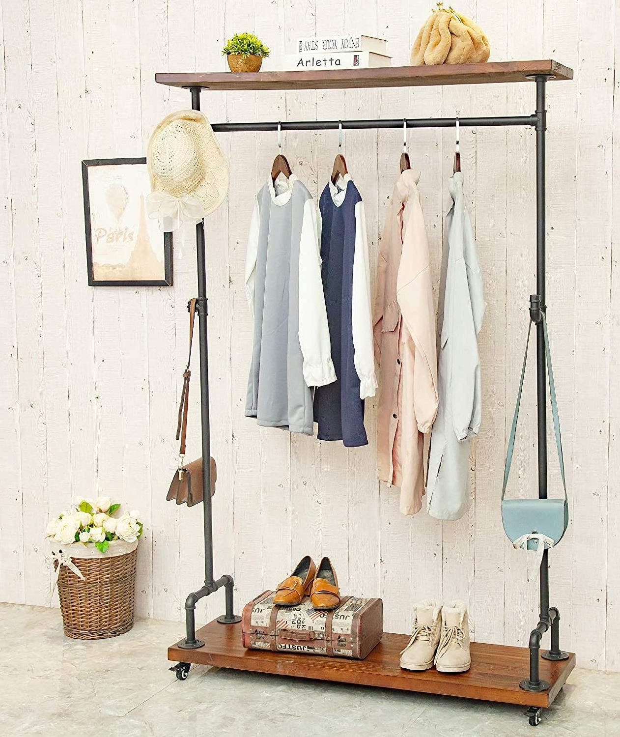 Industrial Pipe Clothing Racks Cast Iron Pipe Fitting Rolling Garment Rack Shoes Storage Heavy Duty Clothes Rack for bedroom