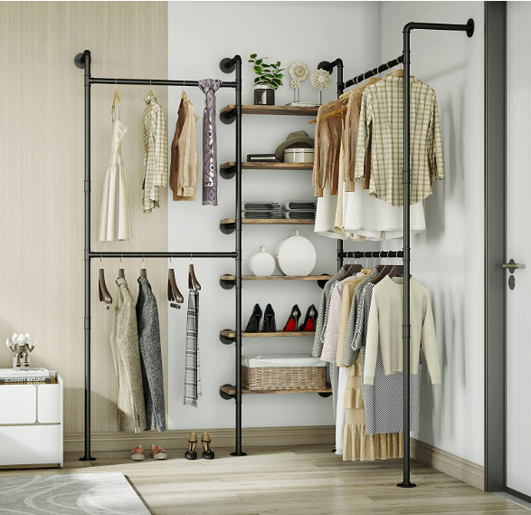 Industrial Pipe Wall Mounted Clothing Rack Multi-Purpose Storage Clothes Hanging Shelf 2 Installation Methods for Bedroom