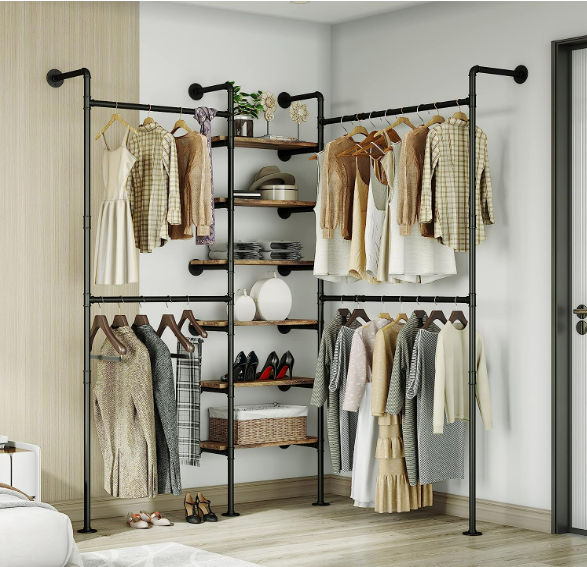 Industrial Pipe Wall Mounted Clothing Rack Multi-Purpose Storage Clothes Hanging Shelf 2 Installation Methods for Bedroom