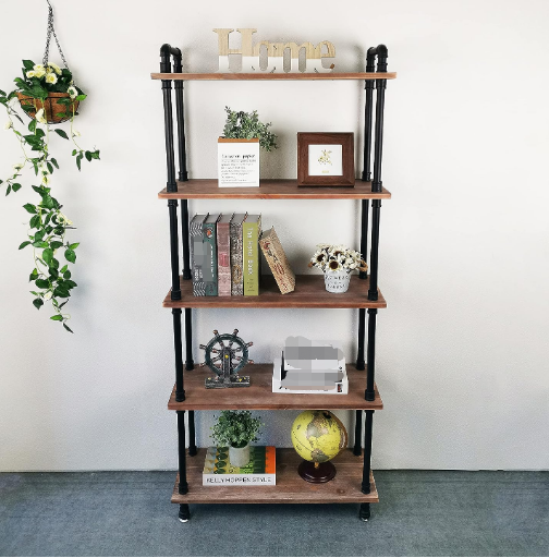 5 Tiers Pipe Shelf Rustic Display Storage Tall Standing Shelf Bookcase for Living Room Home Decor