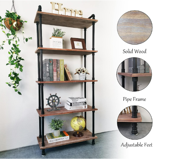 5 Tiers Pipe Shelf Rustic Display Storage Tall Standing Shelf Bookcase for Living Room Home Decor