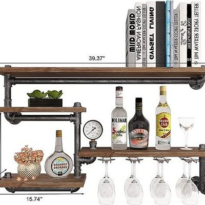 Industrial Pipe Shelf Wine Rack Wall Mounted with 4 Stem Glass Holder Rustic Metal Floating Bar Shelves Wall Shelf For Kitchen