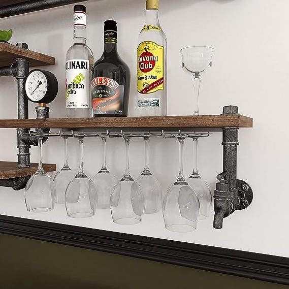 Industrial Pipe Shelf Wine Rack Wall Mounted with 4 Stem Glass Holder Rustic Metal Floating Bar Shelves Wall Shelf For Kitchen