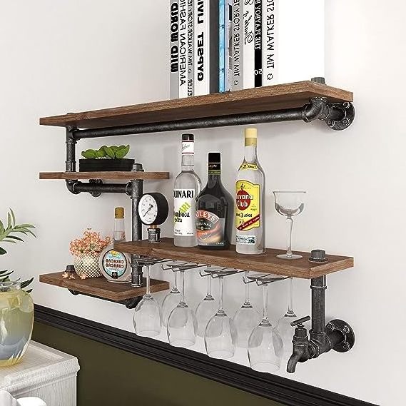 Industrial Pipe Shelf Wine Rack Wall Mounted with 4 Stem Glass Holder Rustic Metal Floating Bar Shelves Wall Shelf For Kitchen