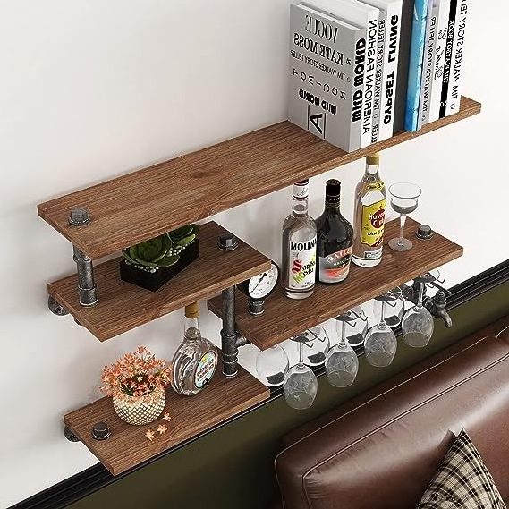 Industrial Pipe Shelf Wine Rack Wall Mounted with 4 Stem Glass Holder Rustic Metal Floating Bar Shelves Wall Shelf For Kitchen