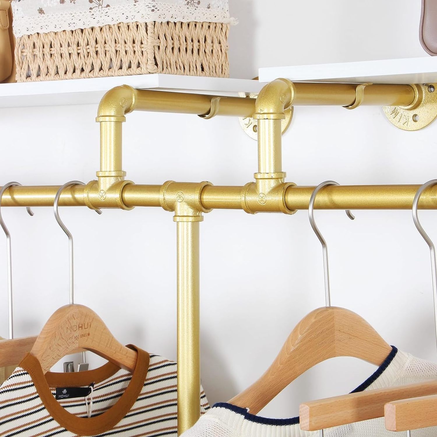 Industrial Pipe Clothes Rack with Gold Wall Mounted Gold Iron Garment Bar for Retail Display and Closet Storage