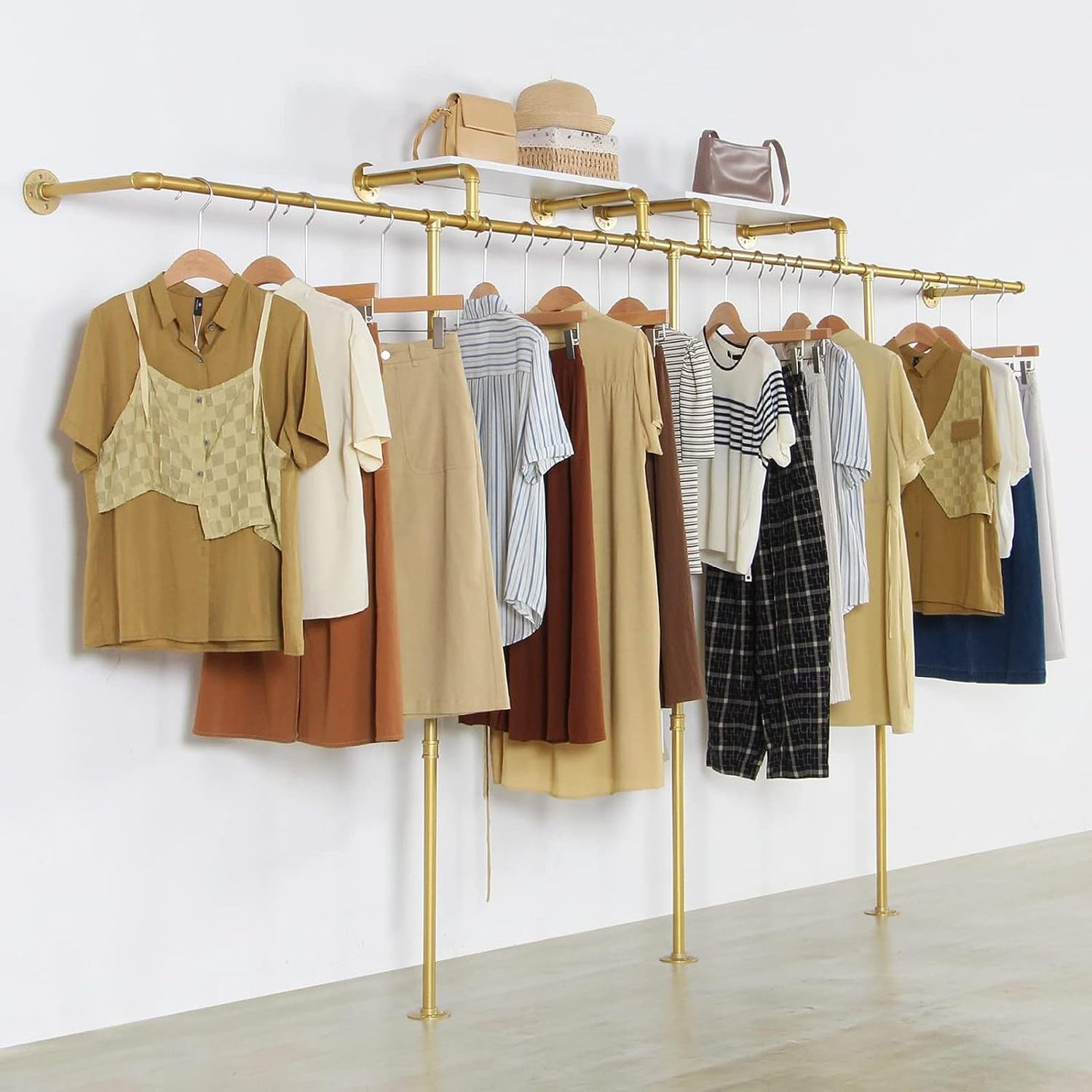 Industrial Pipe Clothes Rack with Gold Wall Mounted Gold Iron Garment Bar for Retail Display and Closet Storage