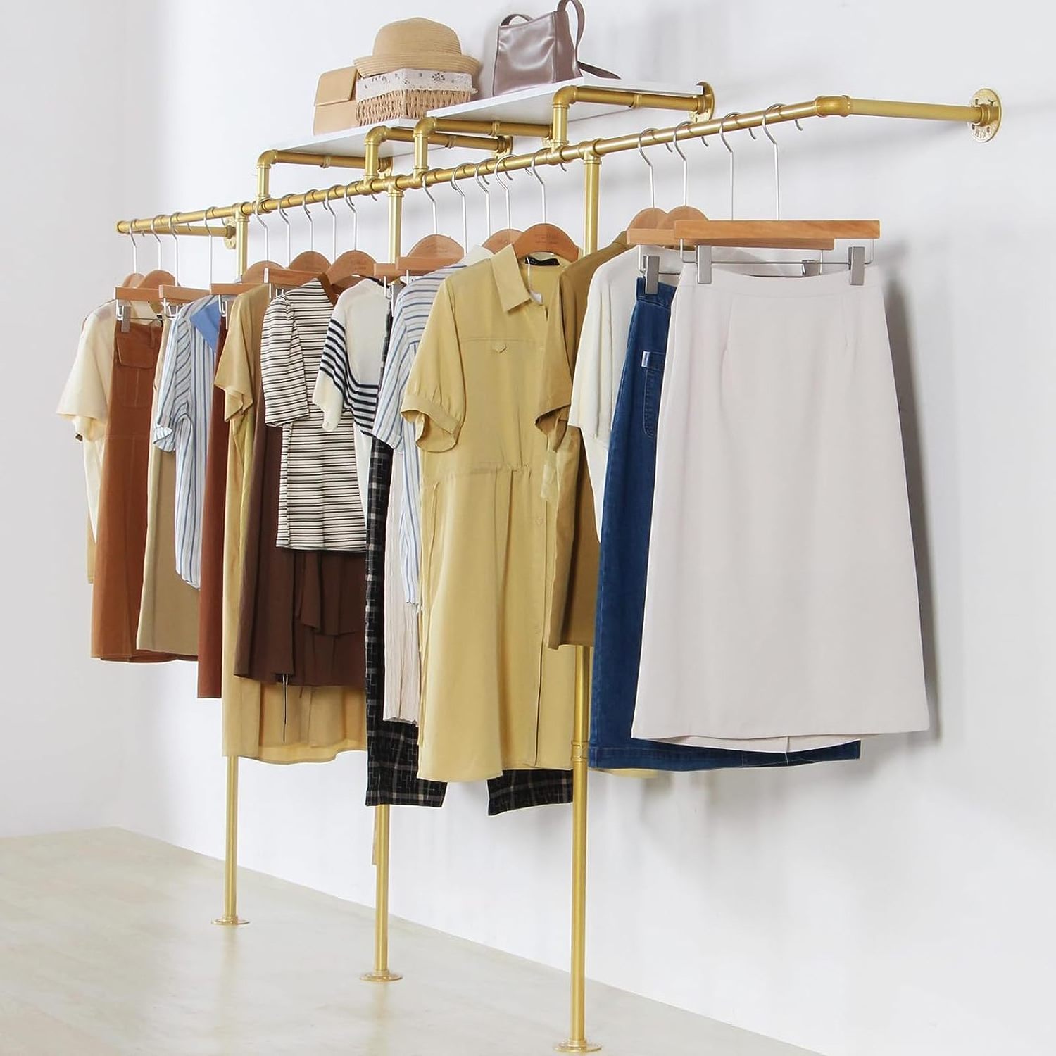 Industrial Pipe Clothes Rack with Gold Wall Mounted Gold Iron Garment Bar for Retail Display and Closet Storage