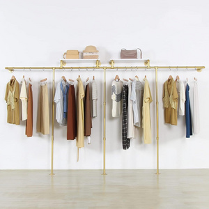 Industrial Pipe Clothes Rack with Gold Wall Mounted Gold Iron Garment Bar for Retail Display and Closet Storage