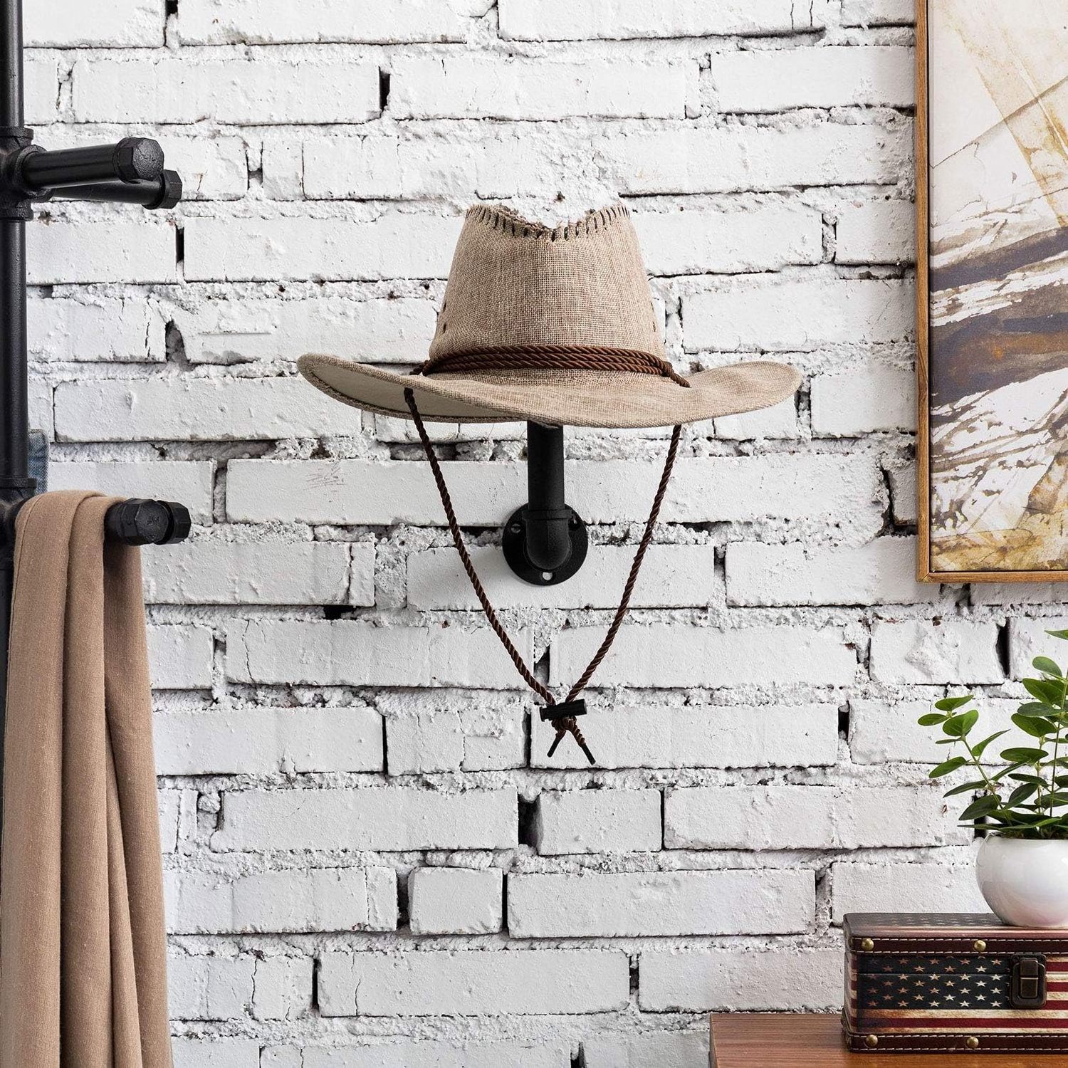 Wall Mounted Hat Rack Holder with Realistic Black Metal Pipe and Brown Wood, Hanging Entryway Hat Hooks and Wig Holder Rack