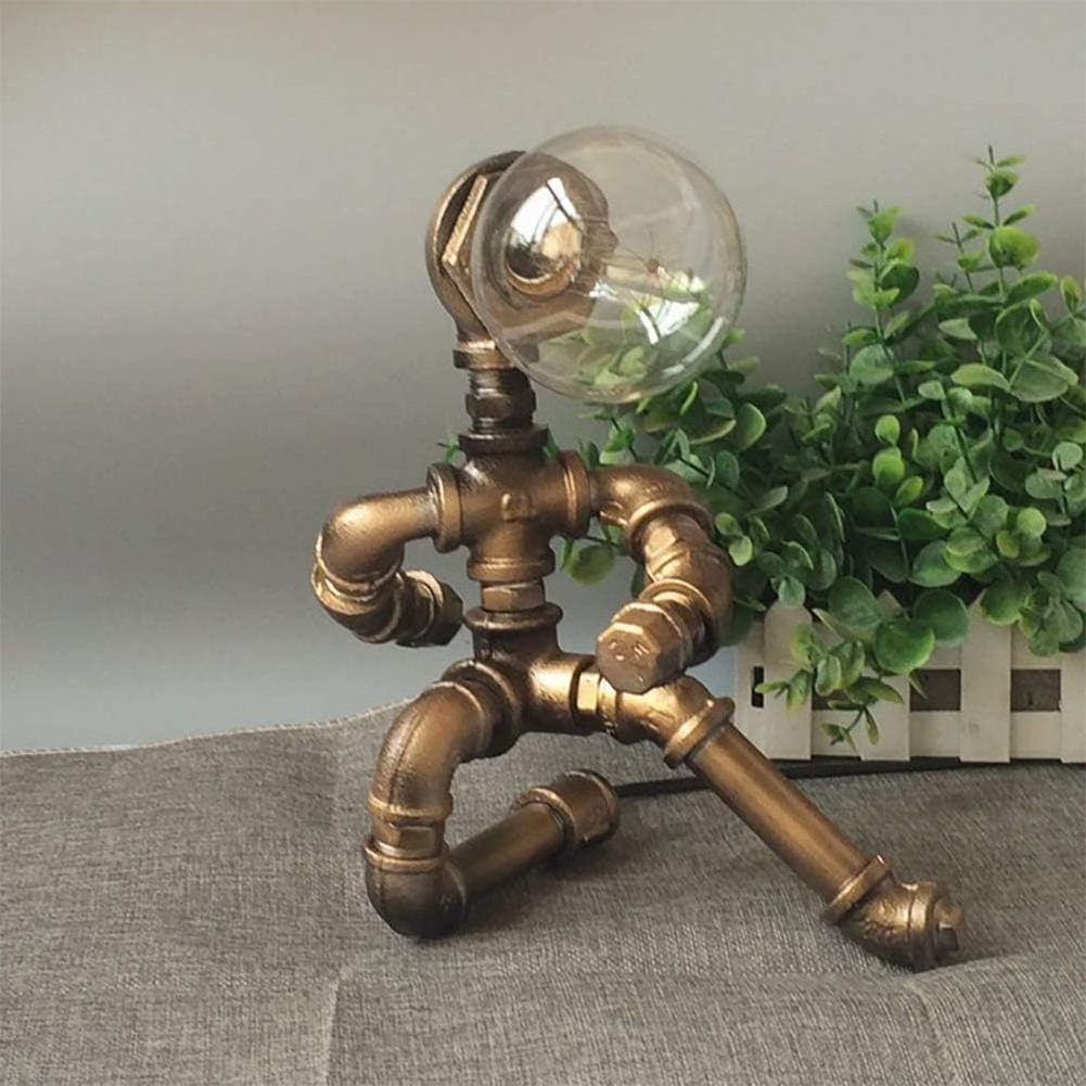 Industrial Retro Style Rust Iron Robot Lamp Plumbing Pipe Desk Table Lamp Light and Switch Suitable for Coffee House