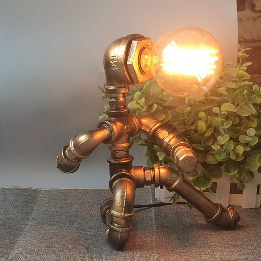 Industrial Retro Style Rust Iron Robot Lamp Plumbing Pipe Desk Table Lamp Light and Switch Suitable for Coffee House