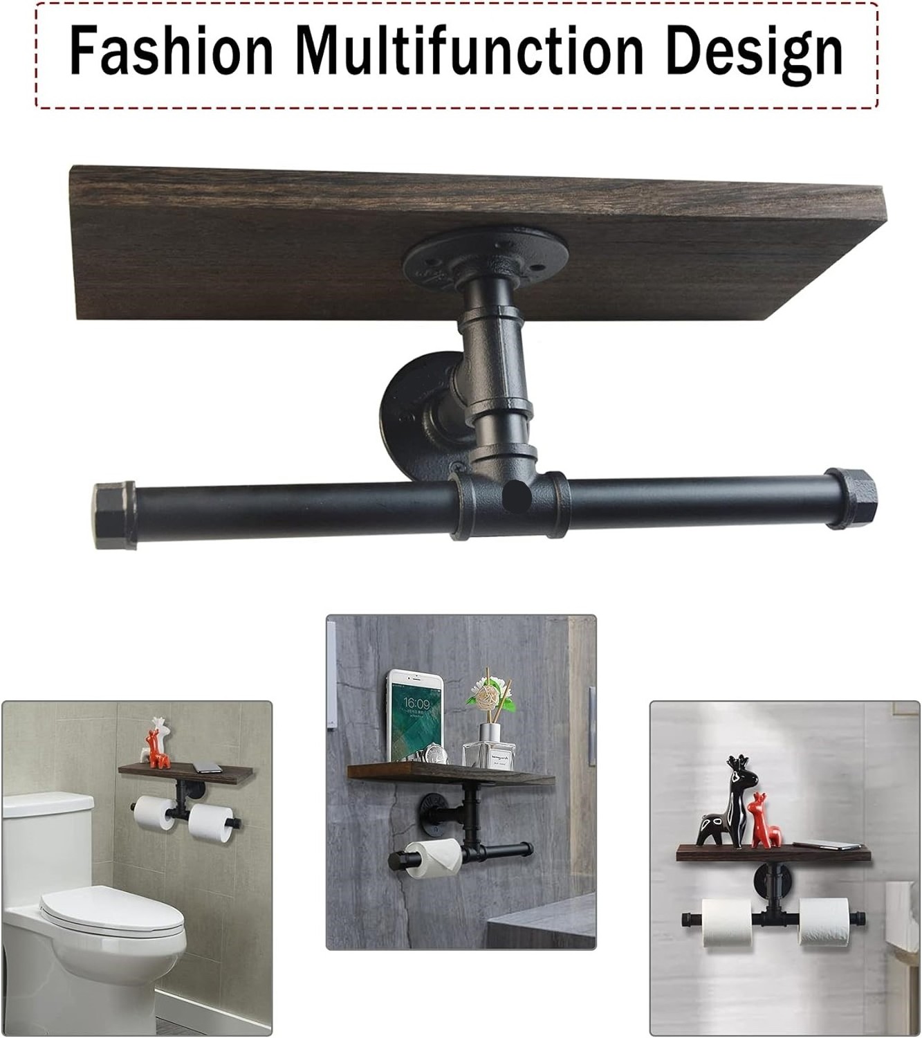 Toilet Paper Holder with Wooden Shelf and Industrial Iron Pipe, Pipe Toilet Paper Holder for Bathroom, Washroom