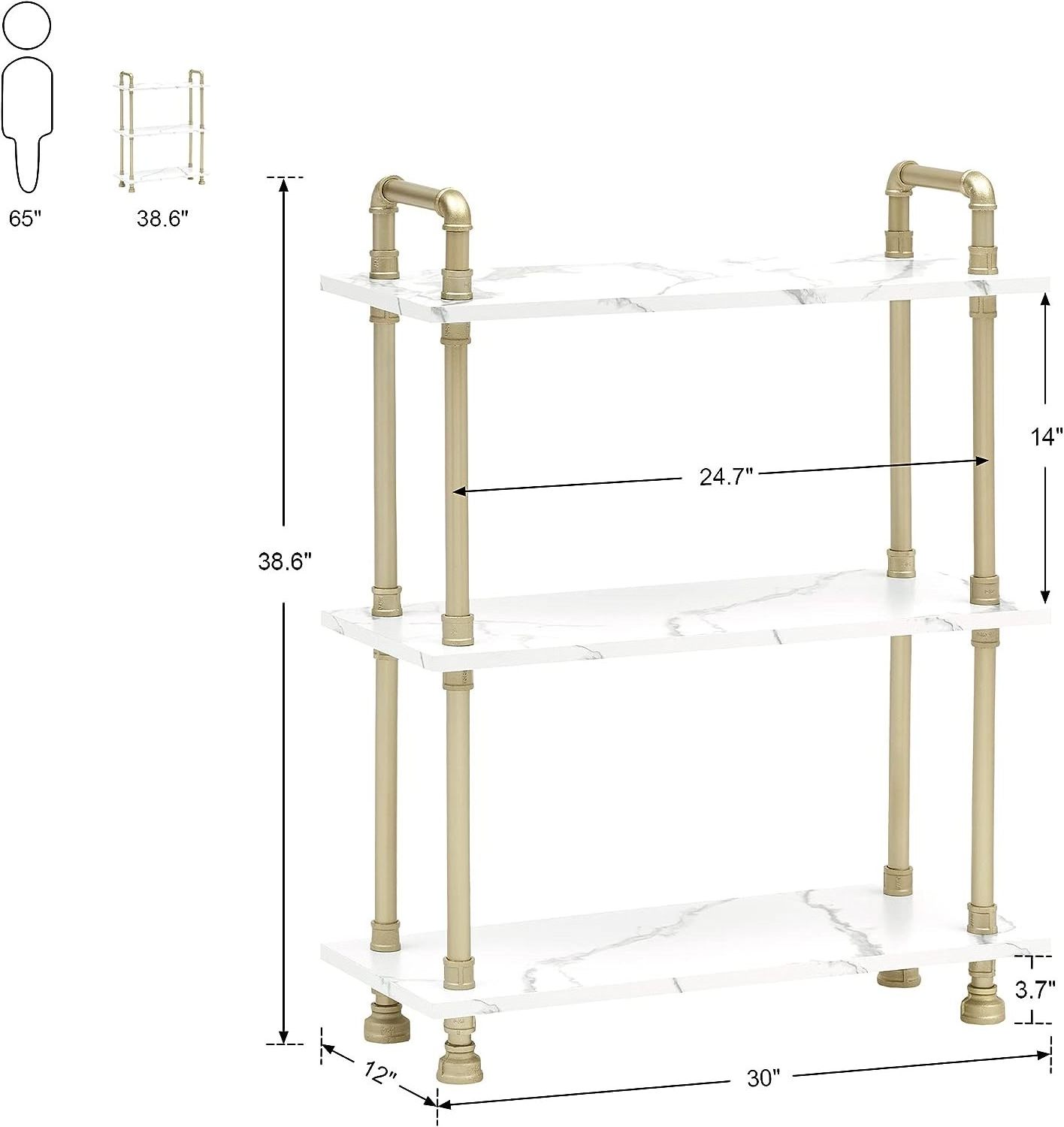 White Marble Wood Bookcase with Gold Metal Pipe Frame Home Display Rack for Living Room Small Storage Organizer Shelf