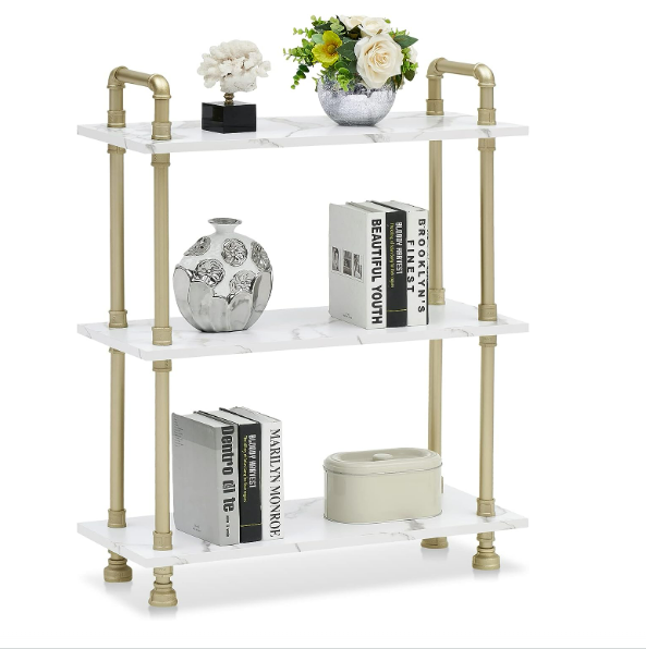 White Marble Wood Bookcase with Gold Metal Pipe Frame Home Display Rack for Living Room Small Storage Organizer Shelf