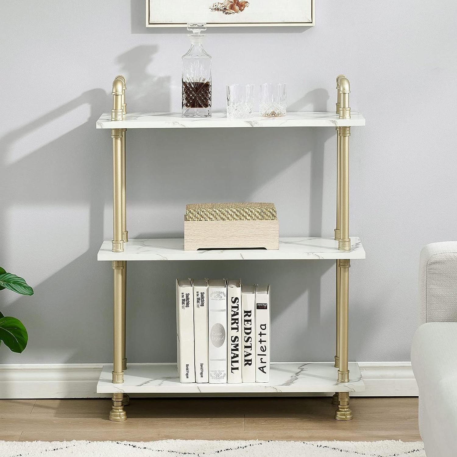 White Marble Wood Bookcase with Gold Metal Pipe Frame Home Display Rack for Living Room Small Storage Organizer Shelf