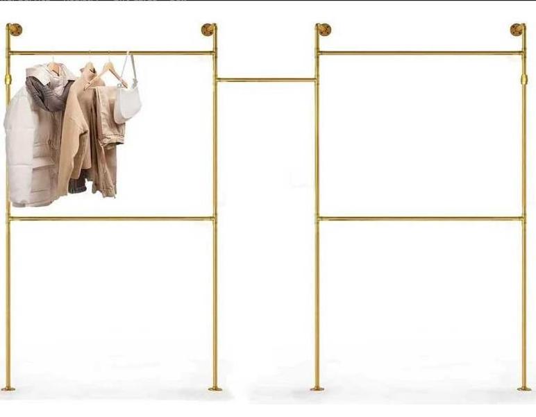 Retail Boutique Clothing Shop Decoration Metal Rack Clothes Display Gold Pipe Clothing Racks Wall Mounted