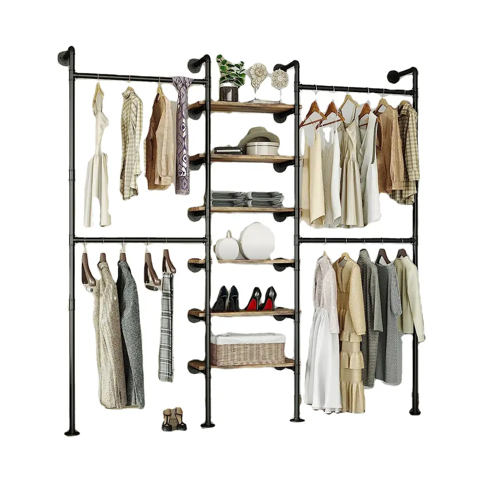 Industrial Pipe Wall Mounted Cloth Shelf Clothing Rack