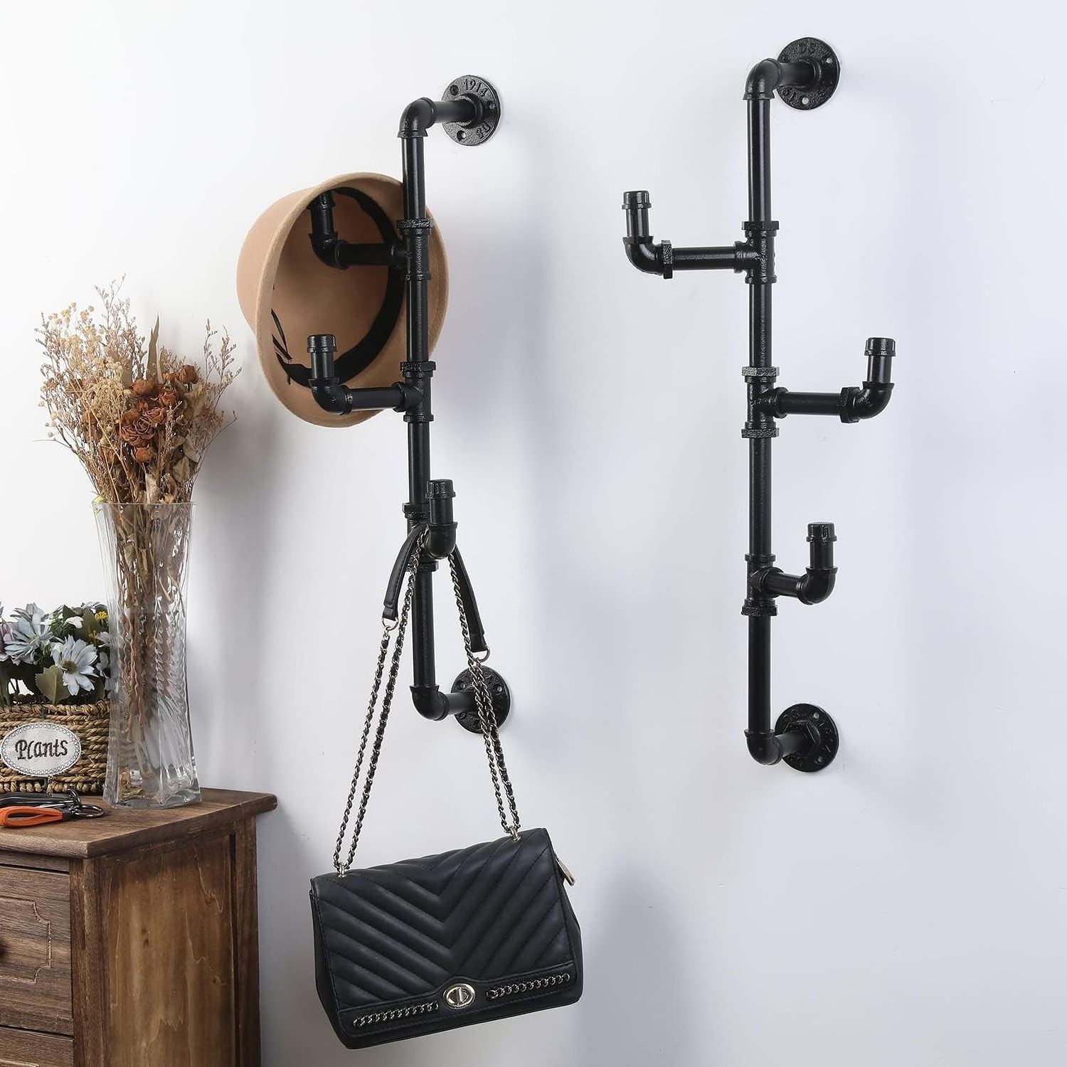 Wall Mounted Industrial Black Metal Vertical Hat and Coat Rack with 3 Adjustable Arm Hooks,Entryway Organizer Coat Hooks