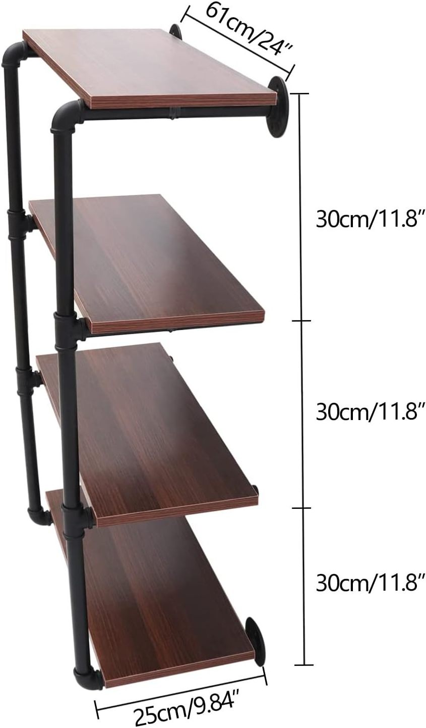 Metal Floating Shelf Wall Mounted Bookshelf Unit 4 Tier Rustic Pipe Wall Shelf for Living Room Bedroom