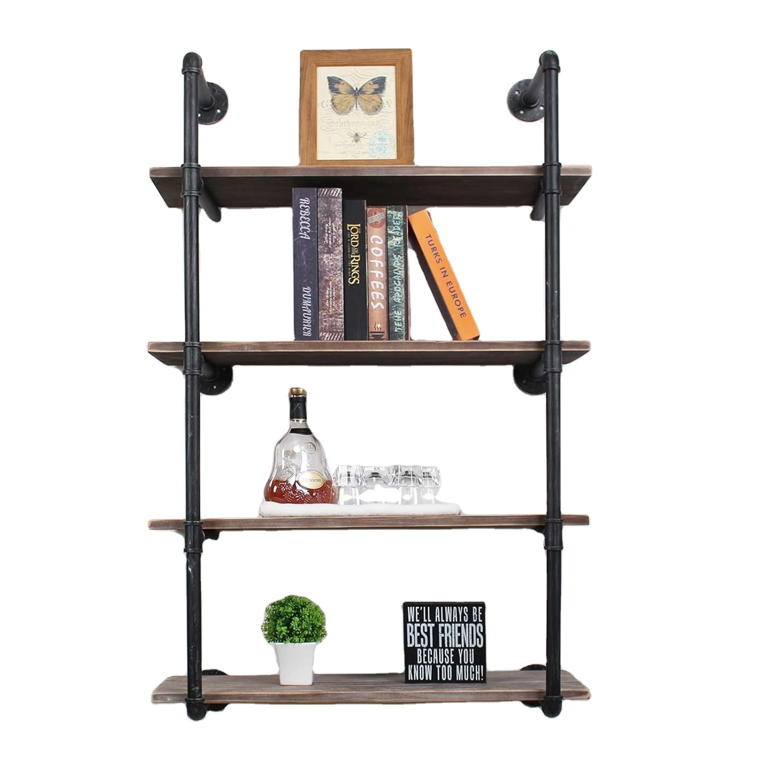 4 Tiers Wall Mount Bookshelf DIY Storage Shelving Wall Shelf Rustic Wall Shelving Unit for Home Organizer