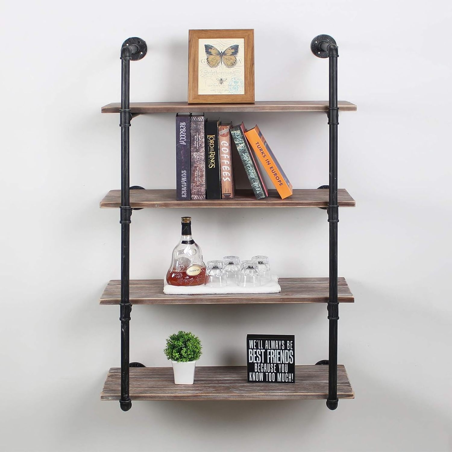 4 Tiers Wall Mount Bookshelf DIY Storage Shelving Wall Shelf Rustic Wall Shelving Unit for Home Organizer