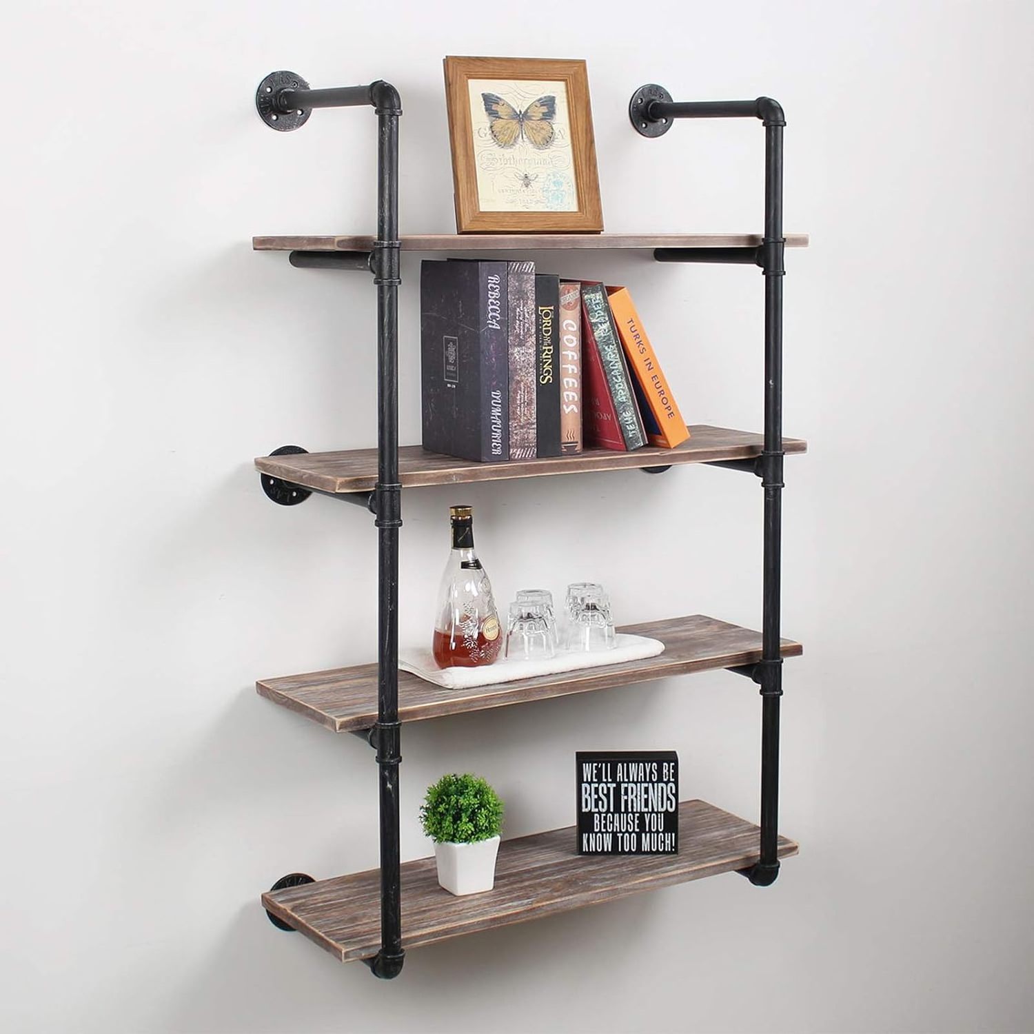 4 Tiers Wall Mount Bookshelf DIY Storage Shelving Wall Shelf Rustic Wall Shelving Unit for Home Organizer