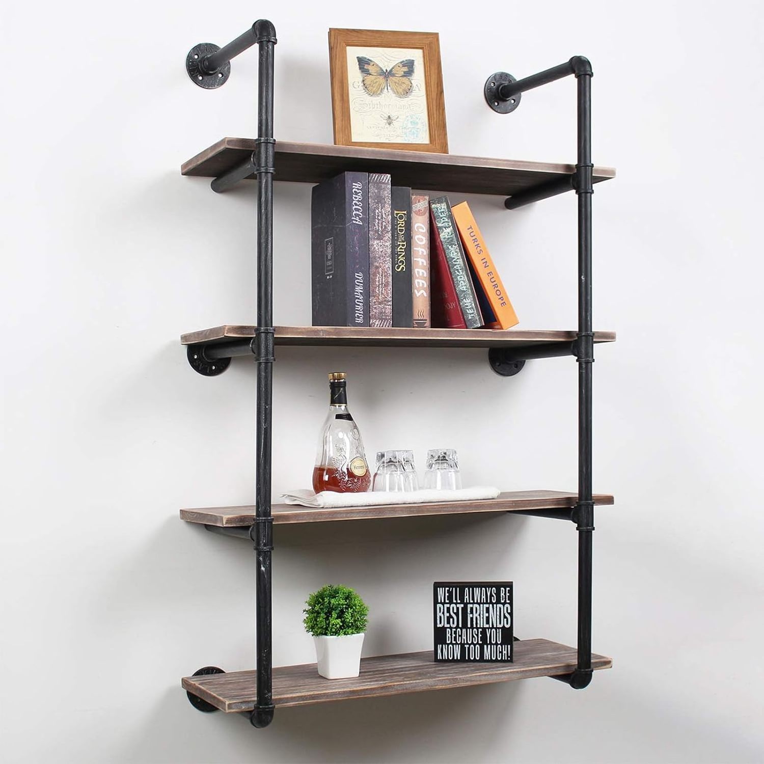 4 Tiers Wall Mount Bookshelf DIY Storage Shelving Wall Shelf Rustic Wall Shelving Unit for Home Organizer