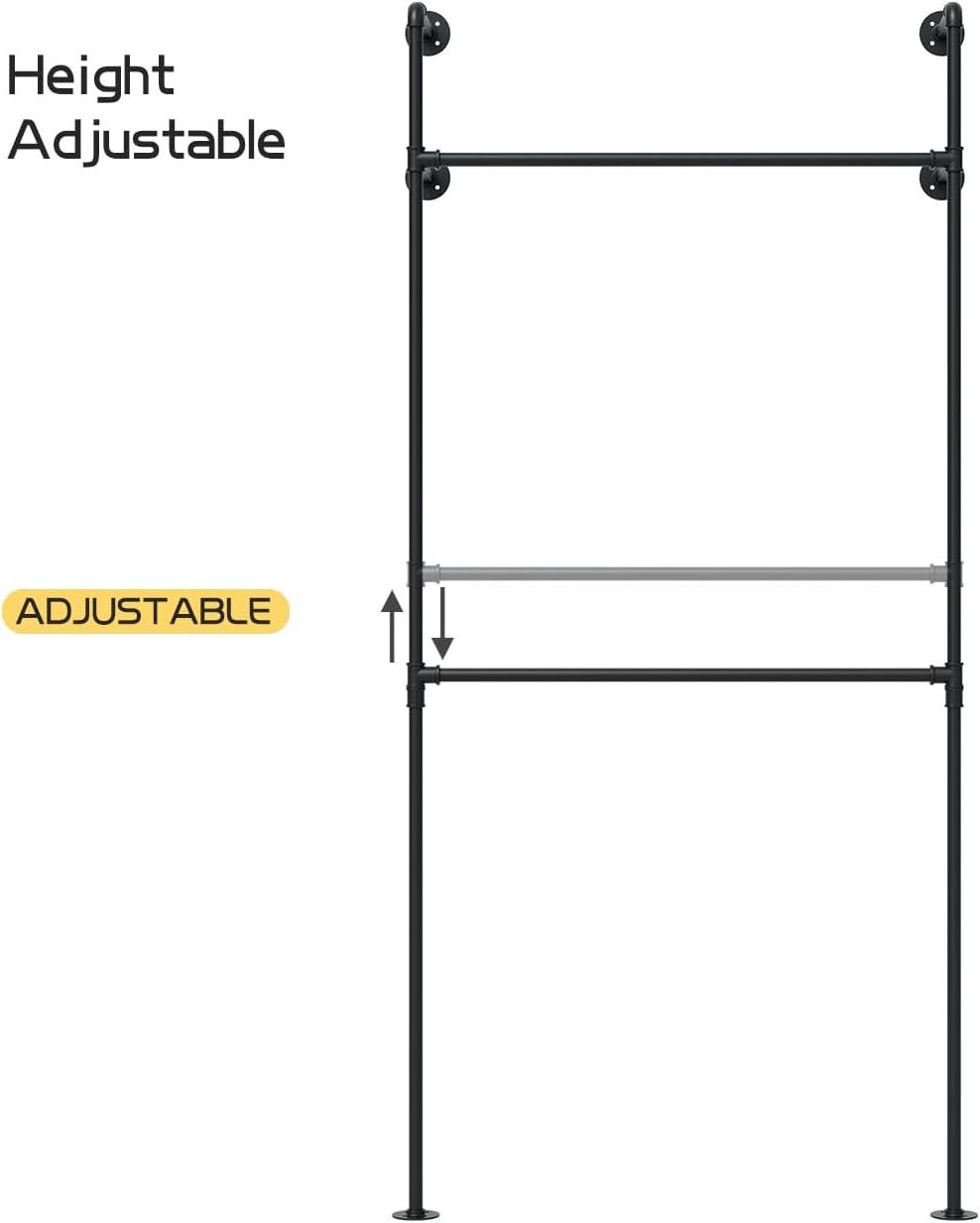 Heavy Duty Wall Mounted Black Iron Garment Bar Wardrobe Bedroom Rack Space Saver Hanging Clothes Rack