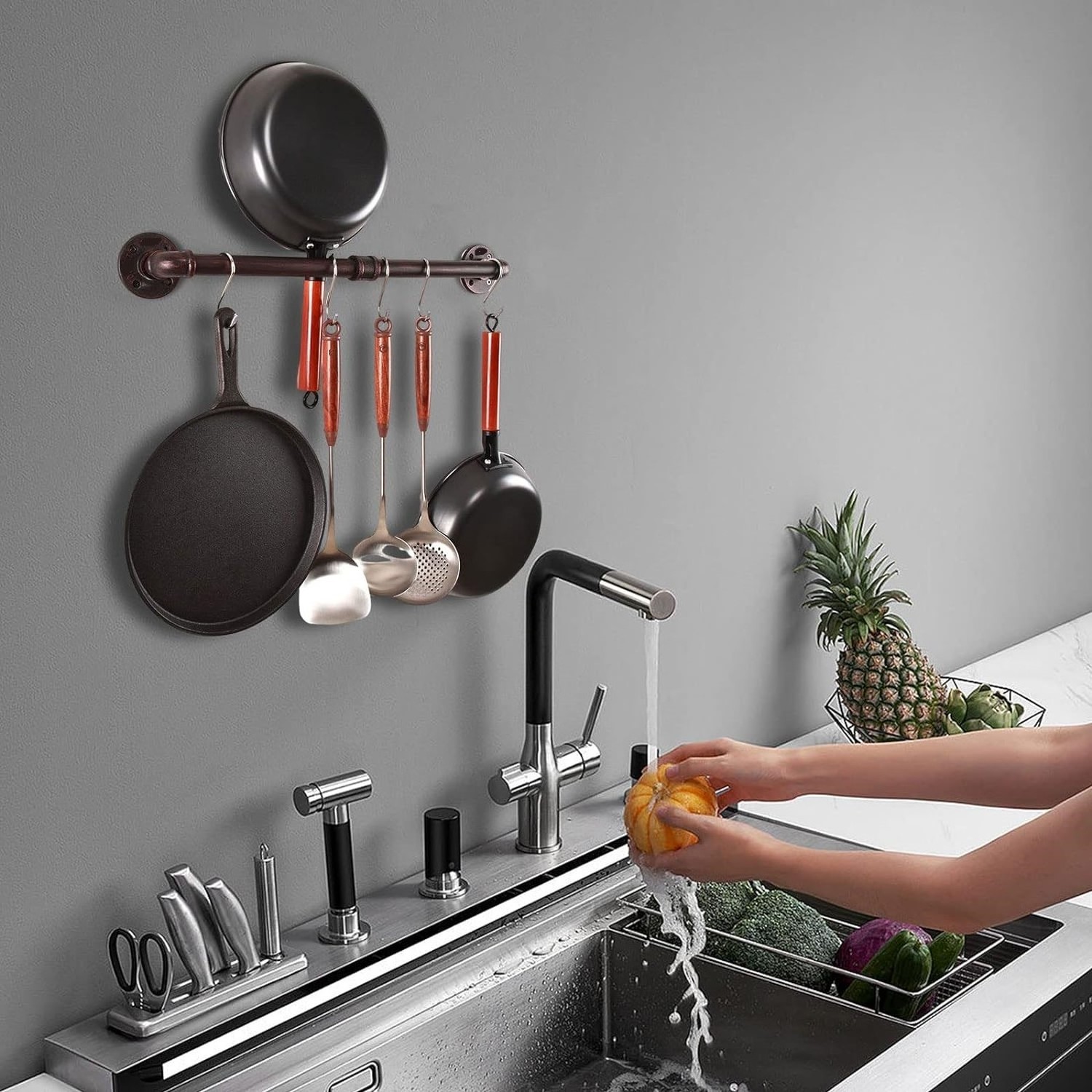 Pipe Pot Pan Rack Wall Mounted Industrial Utensil Lid Holder Cookware Hanger Kitchen Organizer Hanging Bar Rail with S Hooks